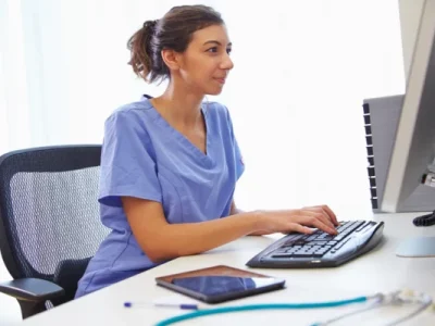 health-unit-coordinator-female-at-computer-wearing-scrubs-copy-600x400